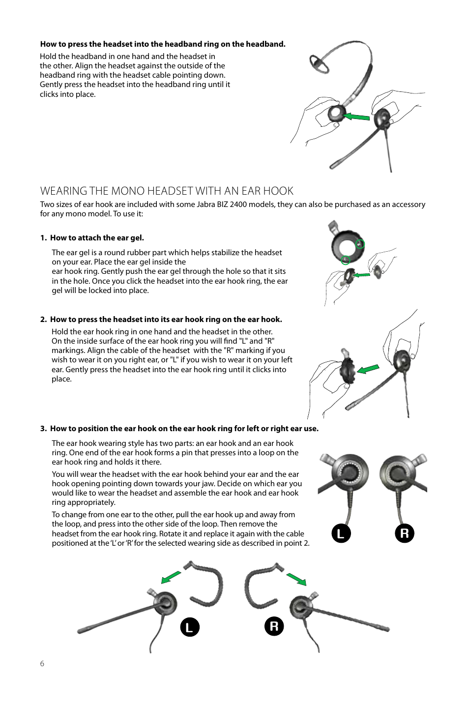 Rl r l, Wearing the mono headset with an ear hook | Jabra Duo anD mono heaDset 2400 User Manual | Page 6 / 15