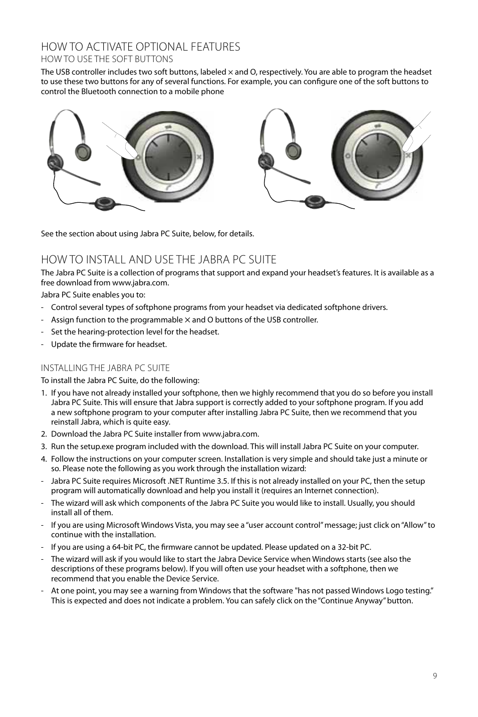 How to activate optional features, How to install and use the jabra pc suite | Jabra Duo anD mono heaDset 2400 User Manual | Page 9 / 15