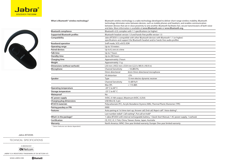 Jabra BT2035 User Manual | 1 page