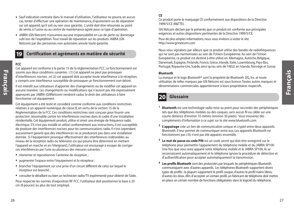 Français f rançais | Jabra SP100 User Manual | Page 15 / 88