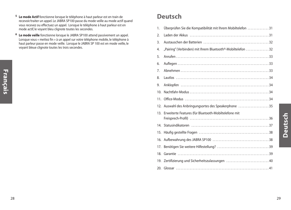 Français, Deutsch | Jabra SP100 User Manual | Page 16 / 88