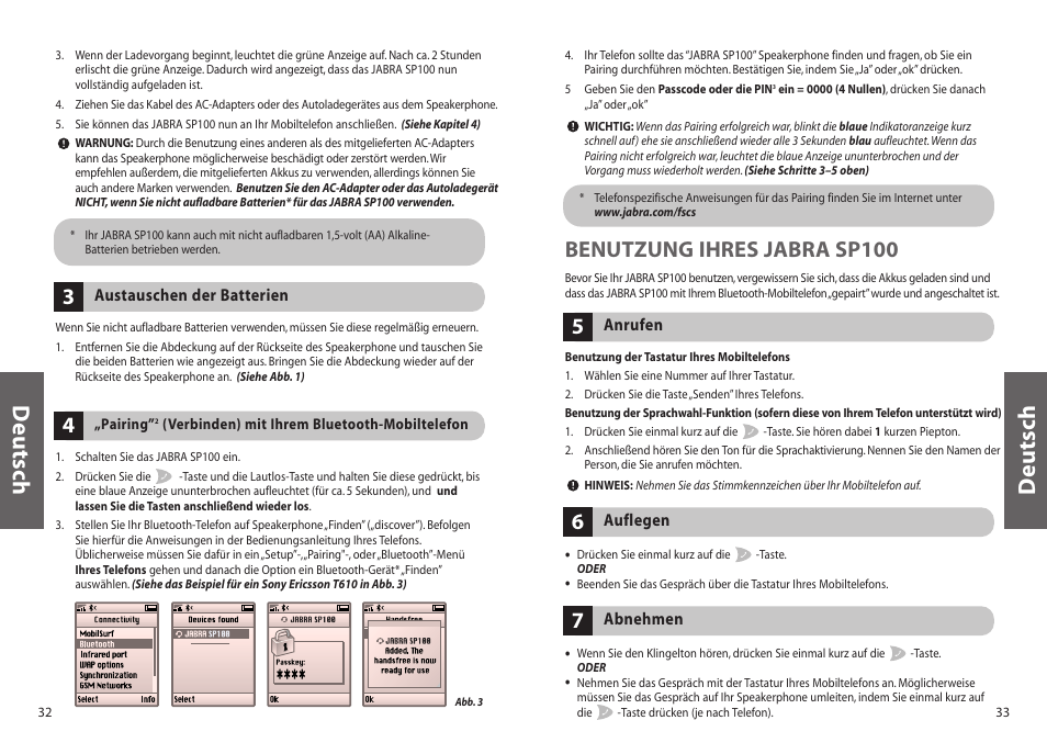 Deutsch, Benutzung ihres jabra sp100 | Jabra SP100 User Manual | Page 18 / 88