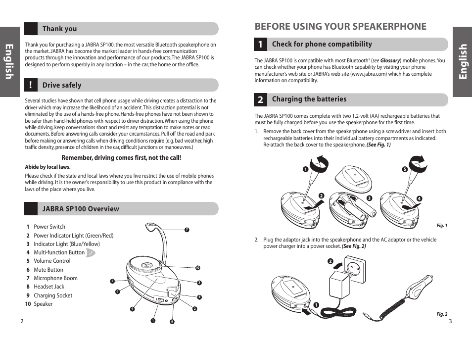 English, 1before using your speakerphone | Jabra SP100 User Manual | Page 3 / 88