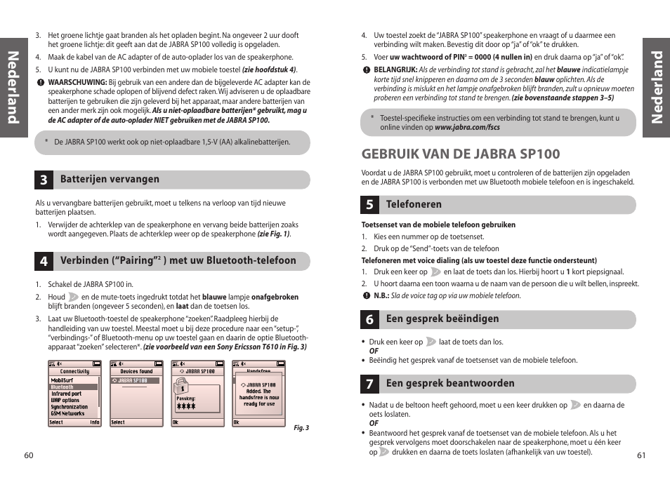 Nederland, Gebruik van de jabra sp100 | Jabra SP100 User Manual | Page 32 / 88