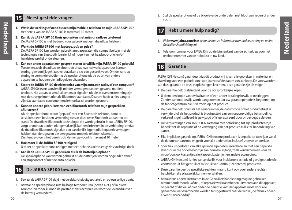 Nederland | Jabra SP100 User Manual | Page 35 / 88