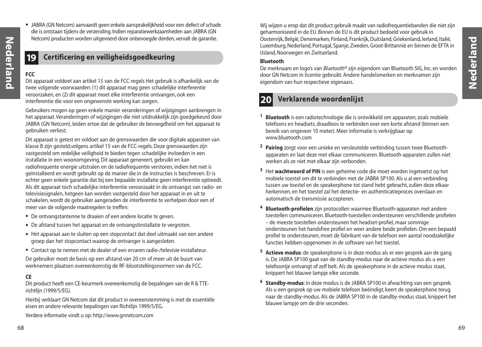 Nederland | Jabra SP100 User Manual | Page 36 / 88