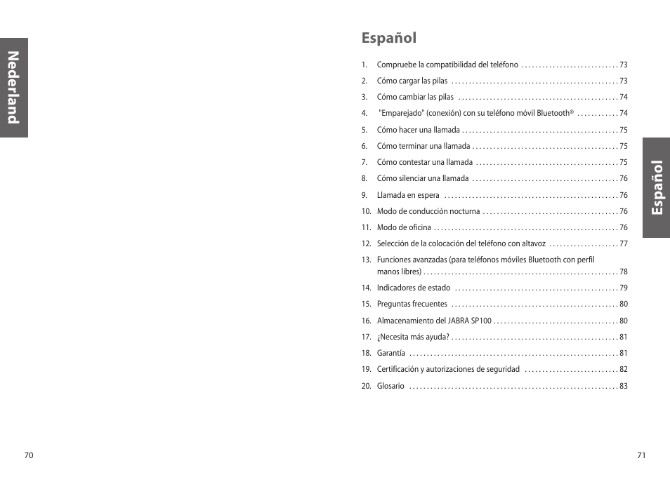 Nederland, Español | Jabra SP100 User Manual | Page 37 / 88