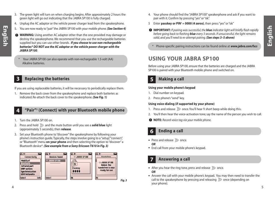 English, Using your jabra sp100 | Jabra SP100 User Manual | Page 4 / 88