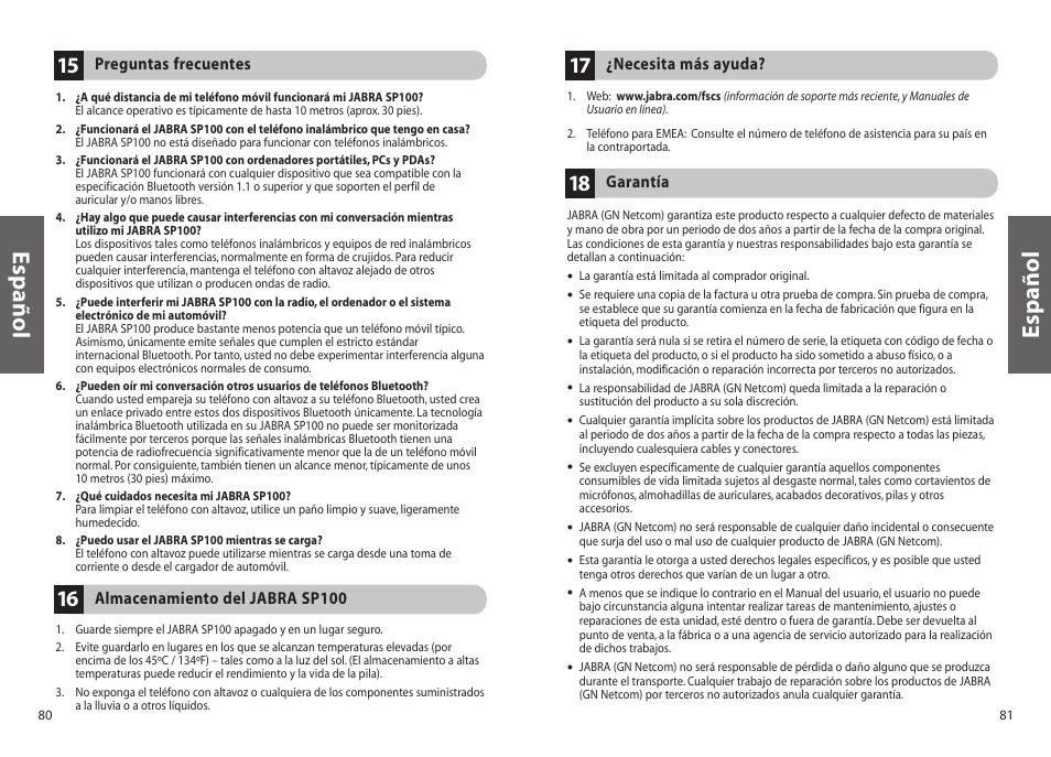 Español | Jabra SP100 User Manual | Page 42 / 88