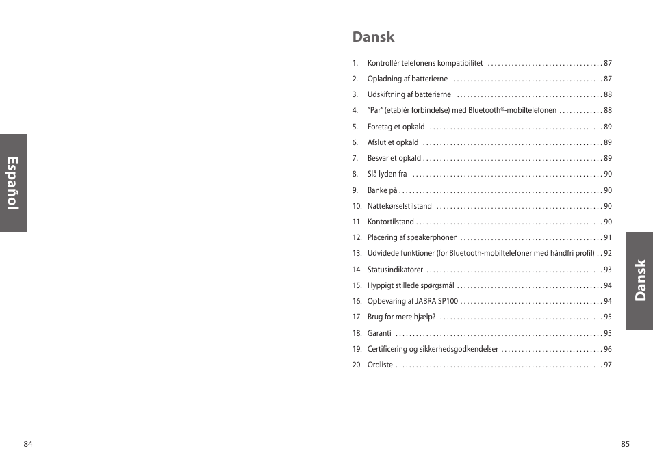 Dansk, Español | Jabra SP100 User Manual | Page 44 / 88