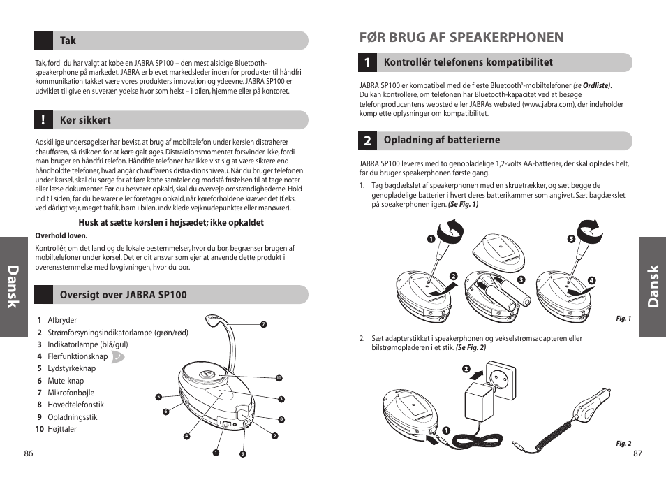 Dansk, 1før brug af speakerphonen | Jabra SP100 User Manual | Page 45 / 88