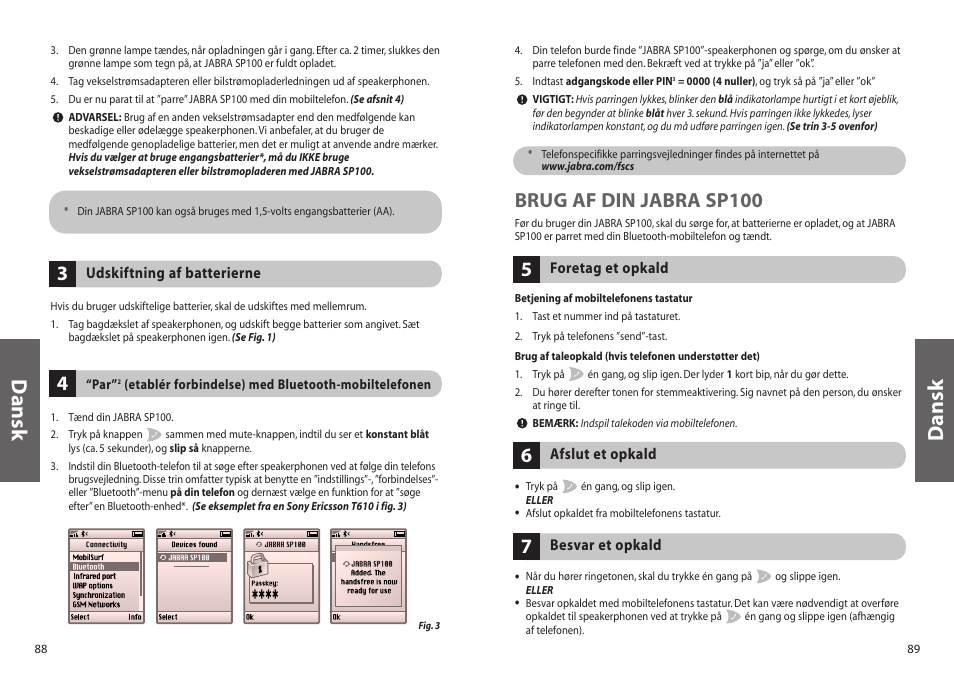 Dansk, Brug af din jabra sp100 | Jabra SP100 User Manual | Page 46 / 88