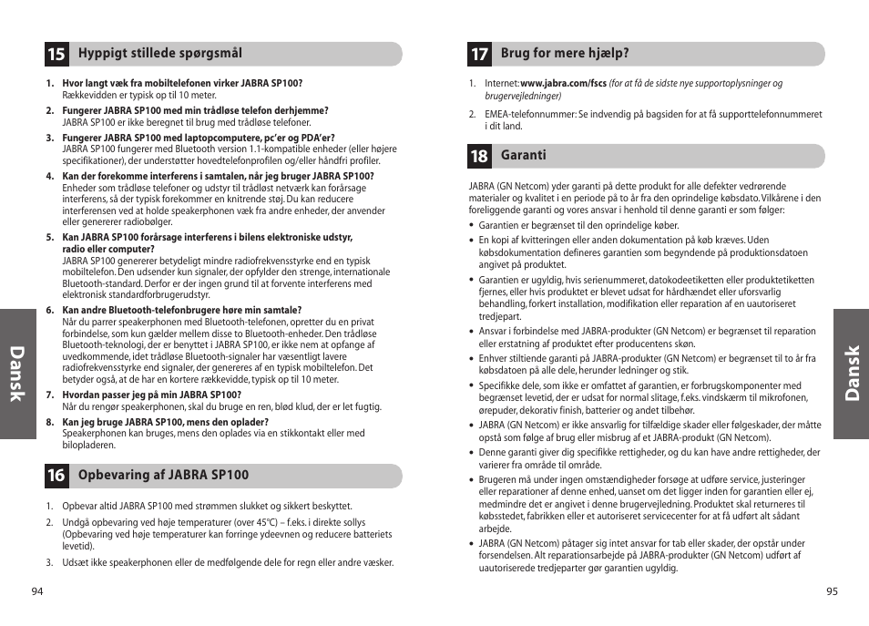 Dansk | Jabra SP100 User Manual | Page 49 / 88