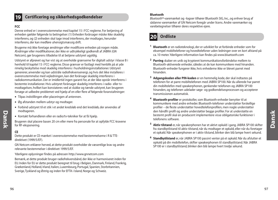 Dansk | Jabra SP100 User Manual | Page 50 / 88