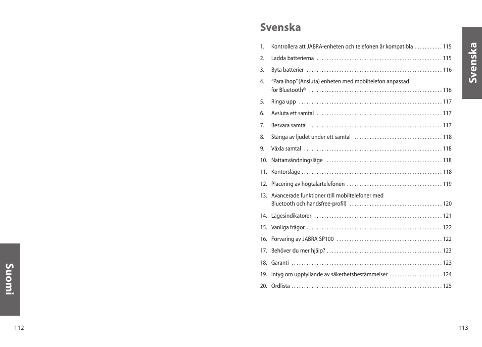 Sv enska svenska, Suomi | Jabra SP100 User Manual | Page 58 / 88