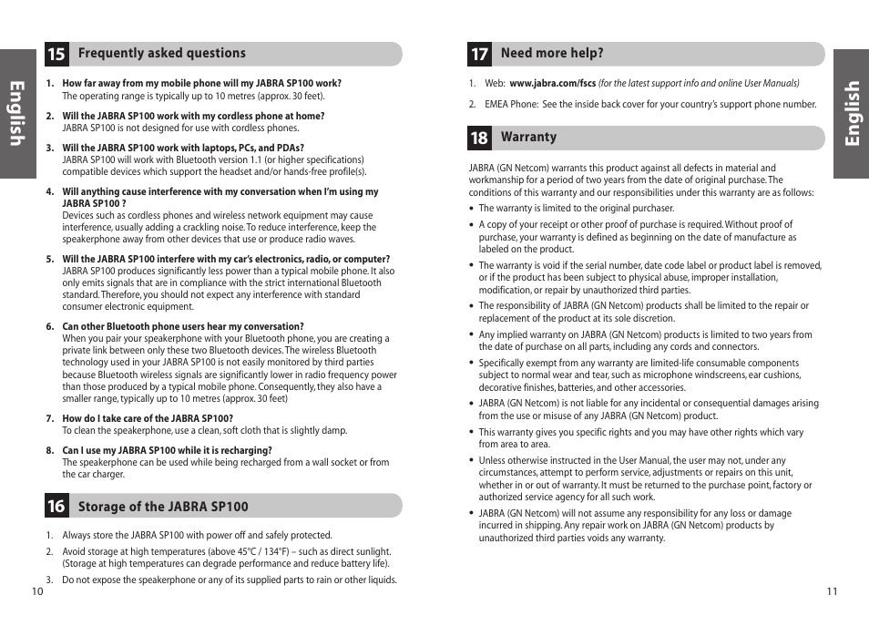English | Jabra SP100 User Manual | Page 7 / 88