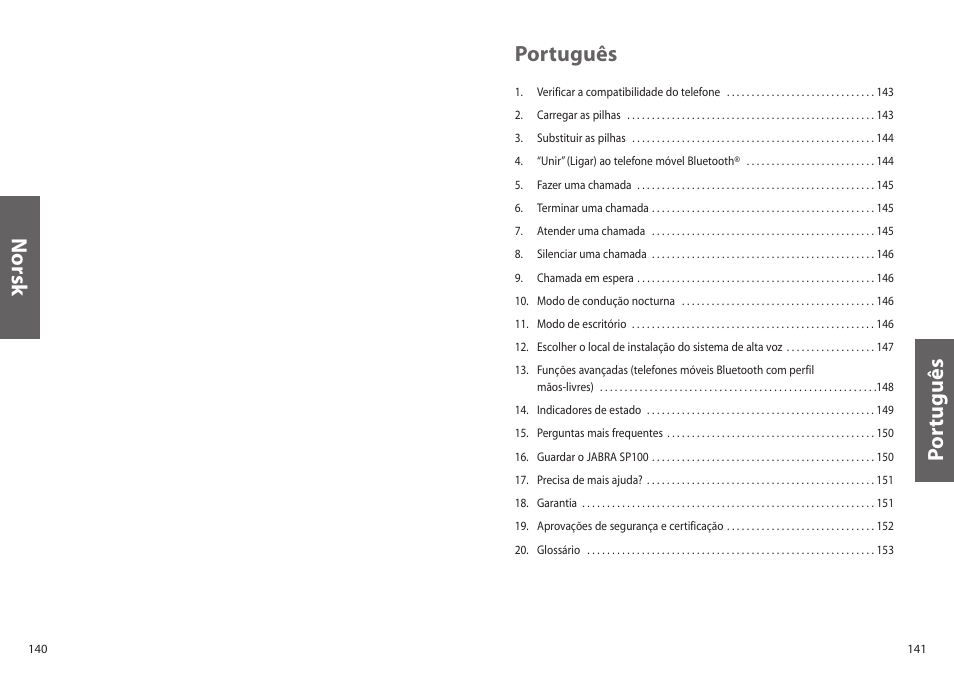 Po rtuguês português, Norsk | Jabra SP100 User Manual | Page 72 / 88