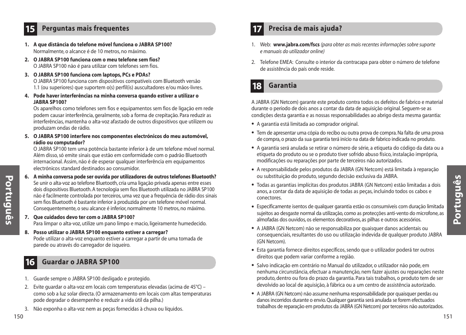 Po rtuguês | Jabra SP100 User Manual | Page 77 / 88