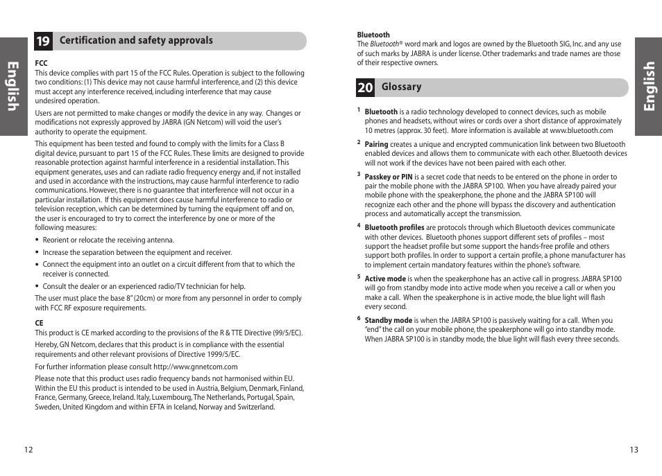 English | Jabra SP100 User Manual | Page 8 / 88
