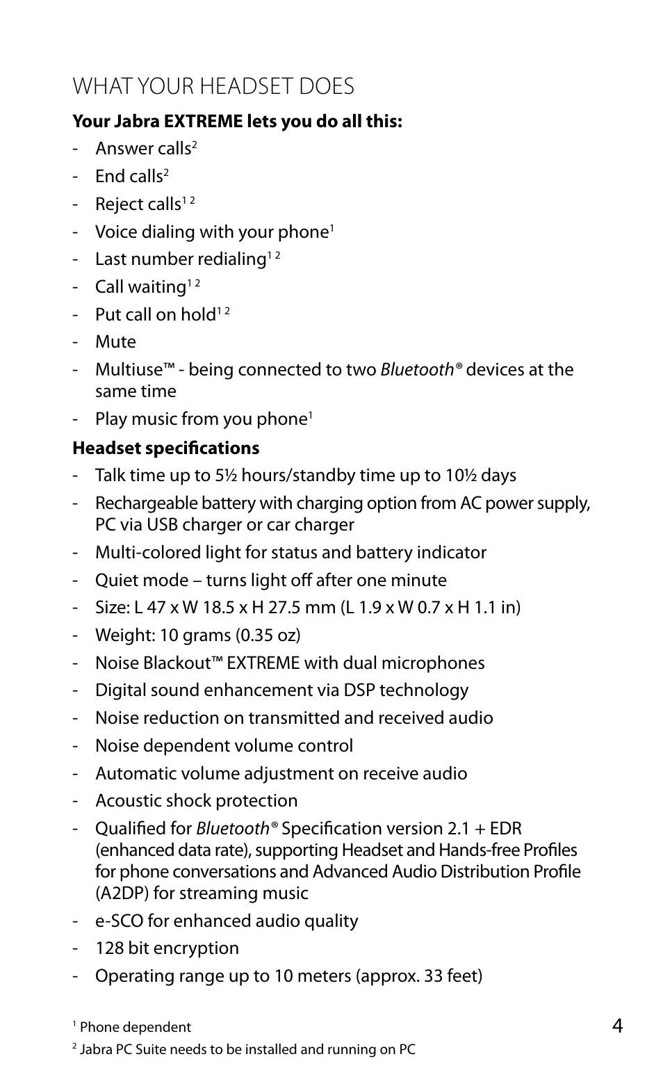 What your headset does, En g li sh | Jabra EXTREME FOR PC bT530 User Manual | Page 5 / 16