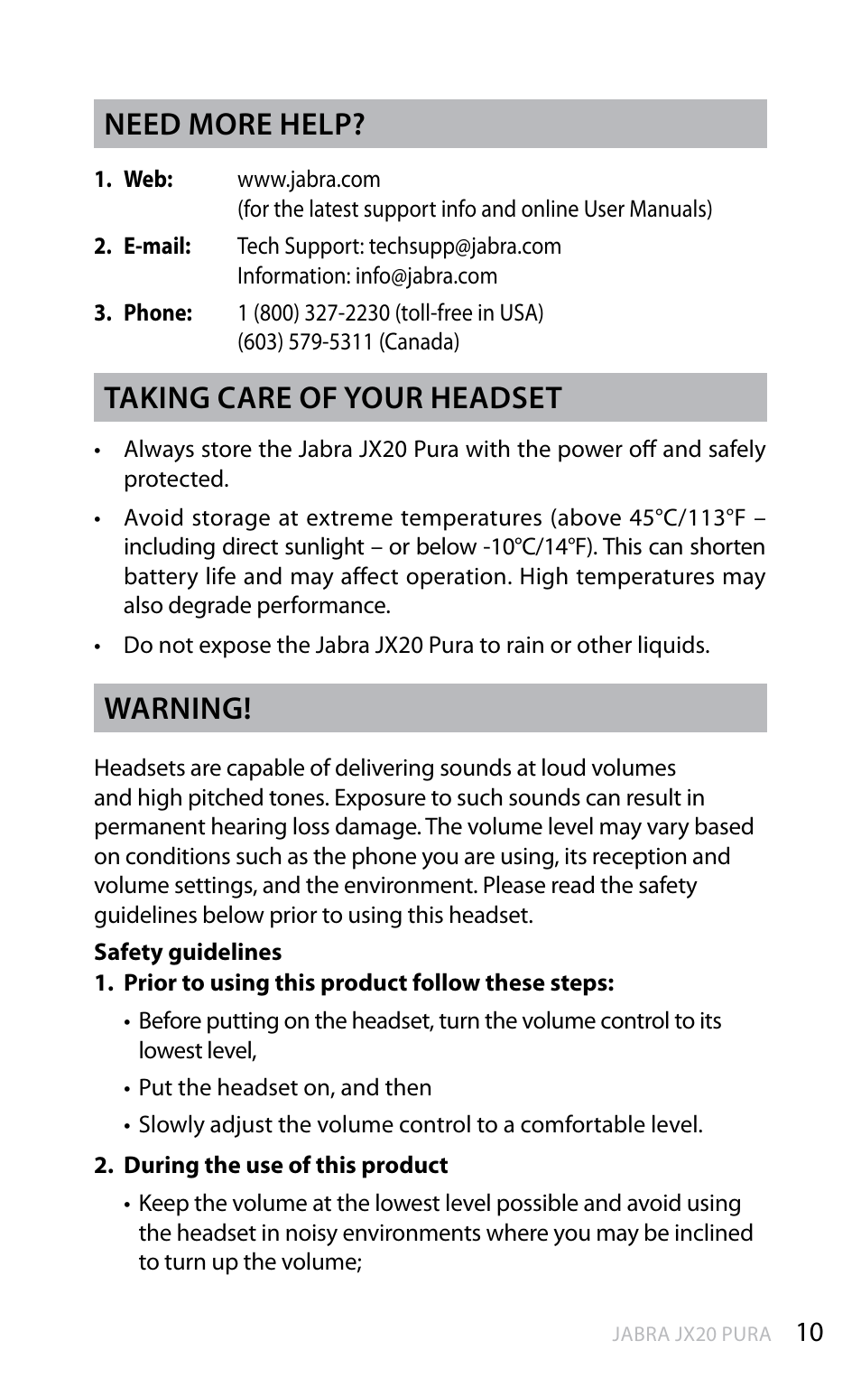 En g li sh, Need more help, Taking care of your headset | Warning | Jabra JX20 Pura User Manual | Page 11 / 17