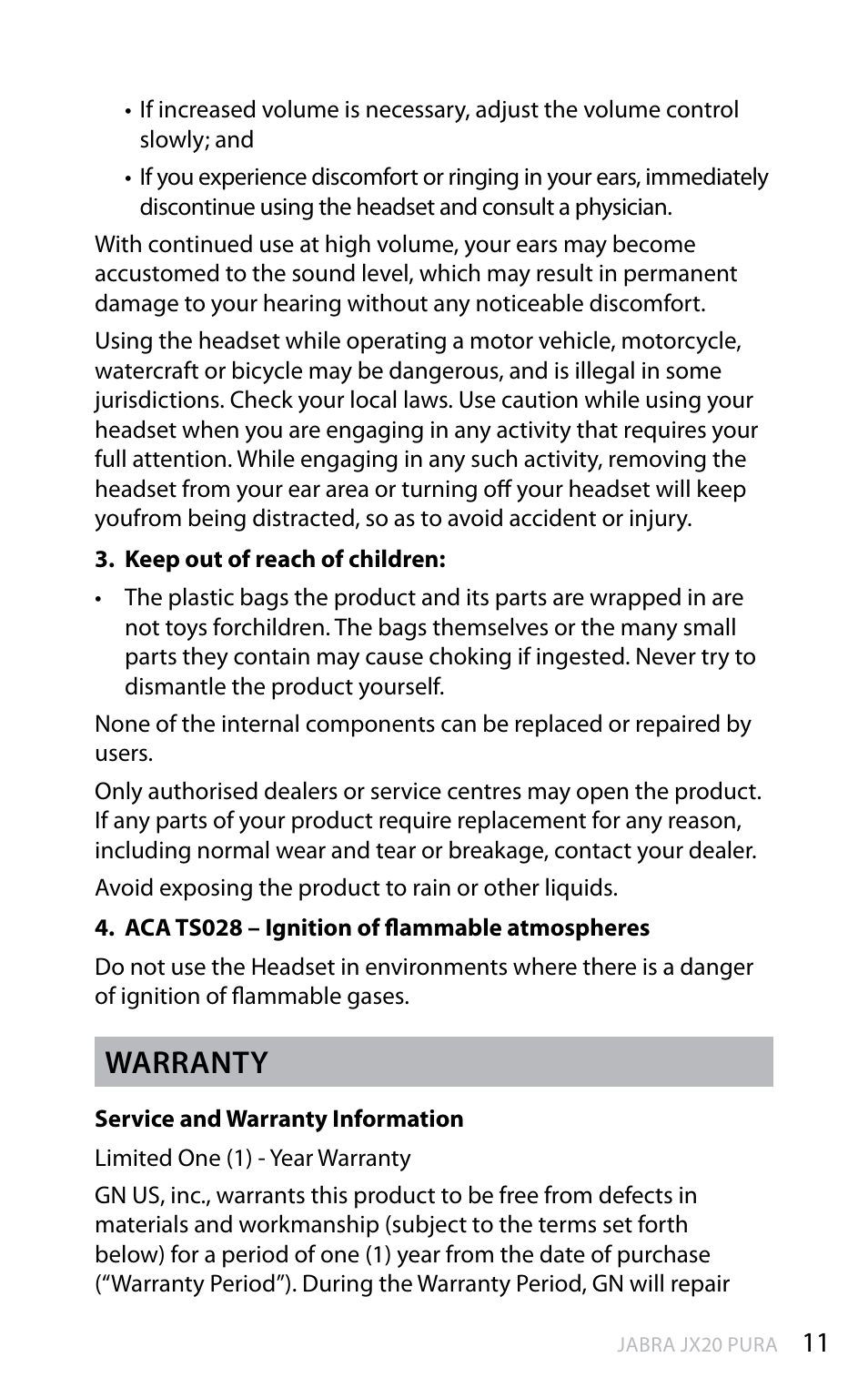 En g li sh, Warranty | Jabra JX20 Pura User Manual | Page 12 / 17