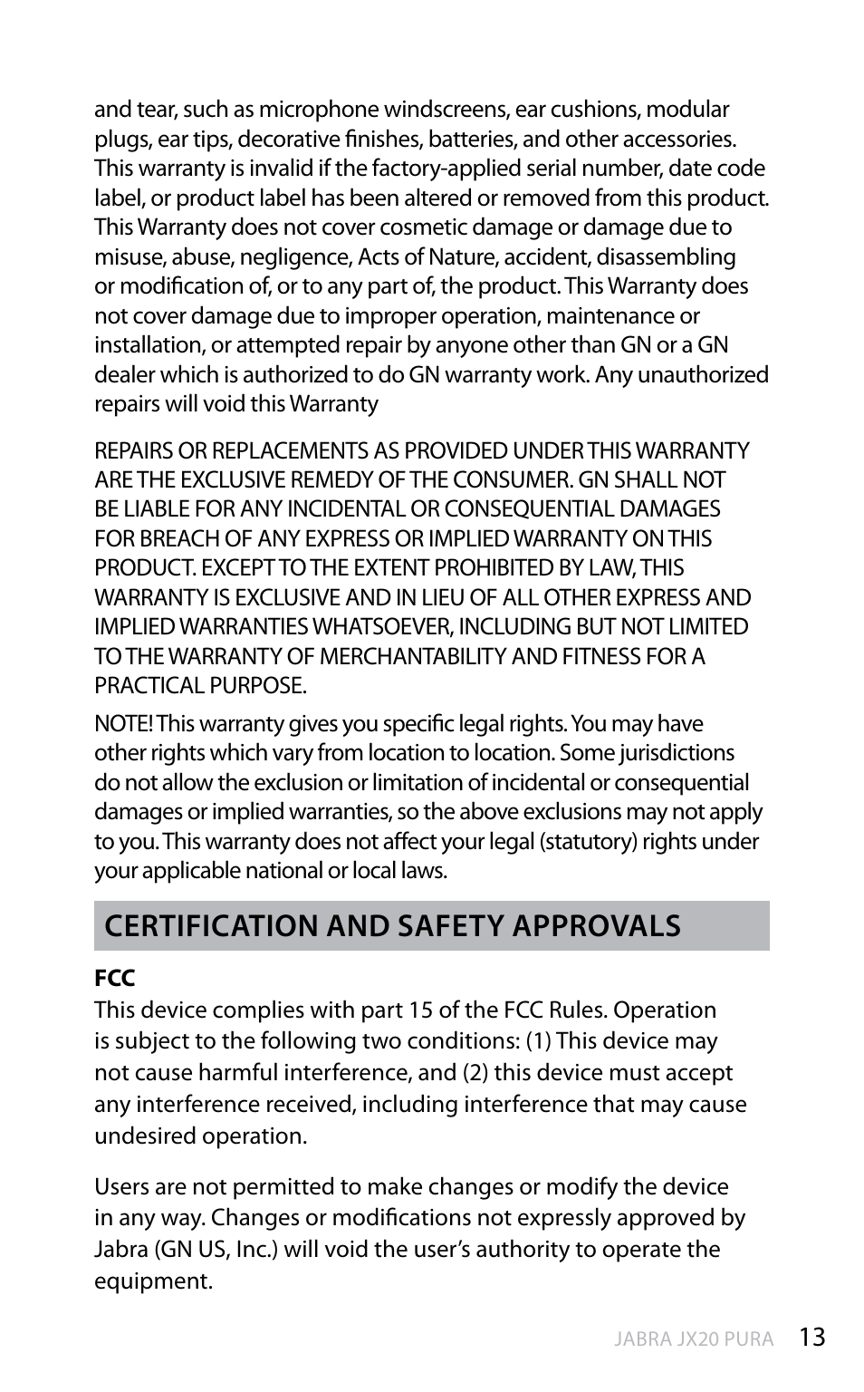 En g li sh, Certification and safety approvals | Jabra JX20 Pura User Manual | Page 14 / 17