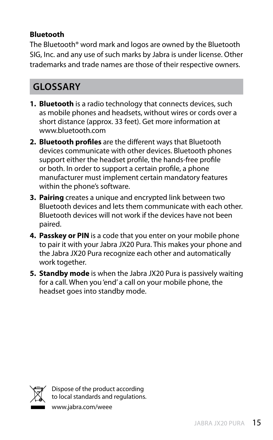 En g li sh, Glossary | Jabra JX20 Pura User Manual | Page 16 / 17