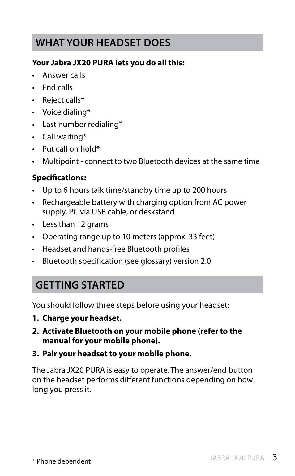 En g li sh, What your headset does, Getting started | Jabra JX20 Pura User Manual | Page 4 / 17