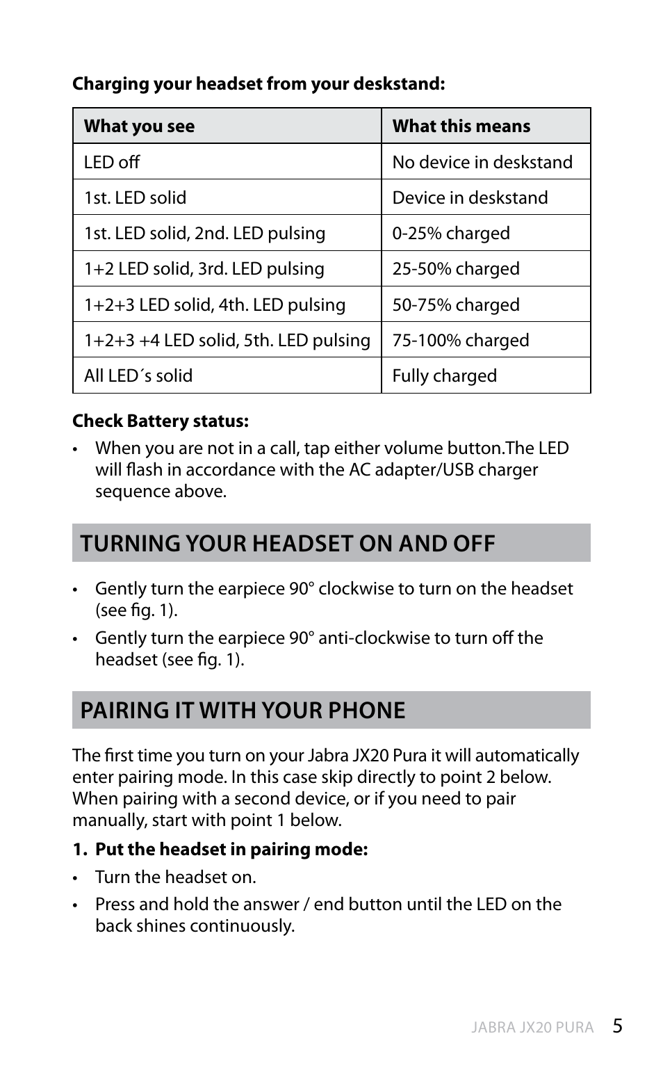 En g li sh, Turning your headset on and off, Pairing it with your phone | Jabra JX20 Pura User Manual | Page 6 / 17