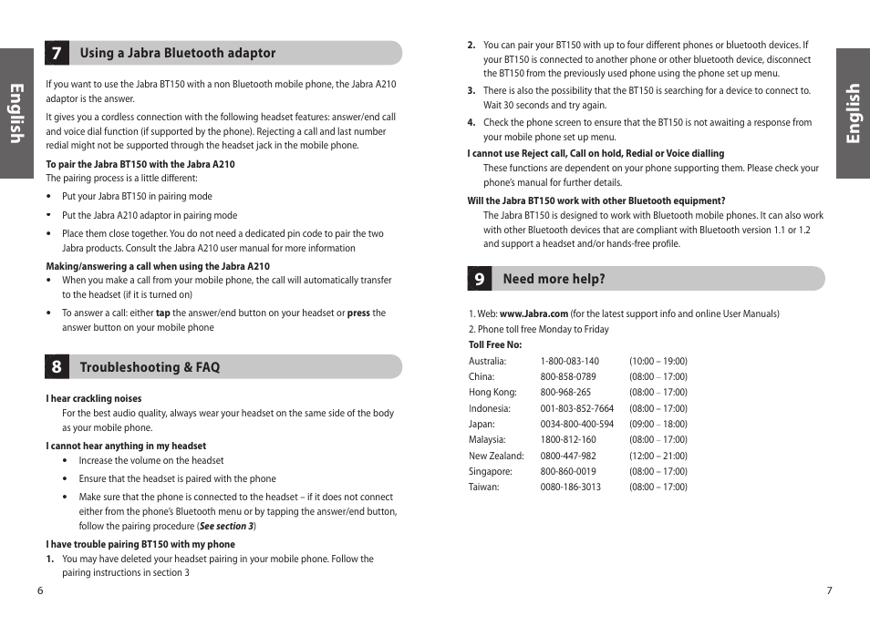 En g lis h, En g lis h 9 7 8 | Jabra BT150 User Manual | Page 6 / 38