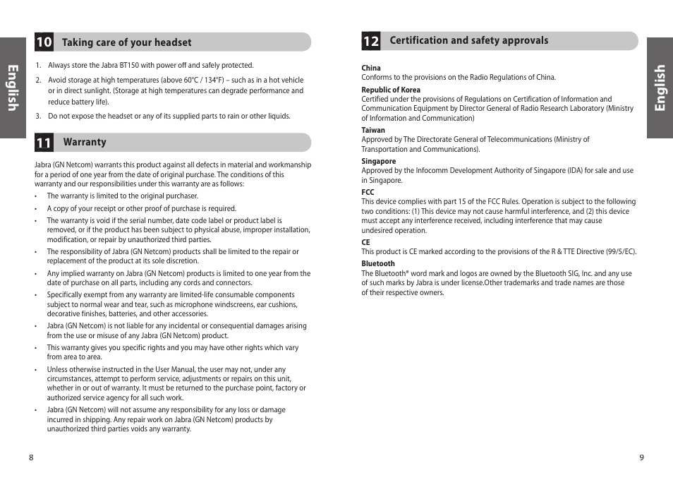 En g lis h, En g lis h 11 | Jabra BT150 User Manual | Page 7 / 38