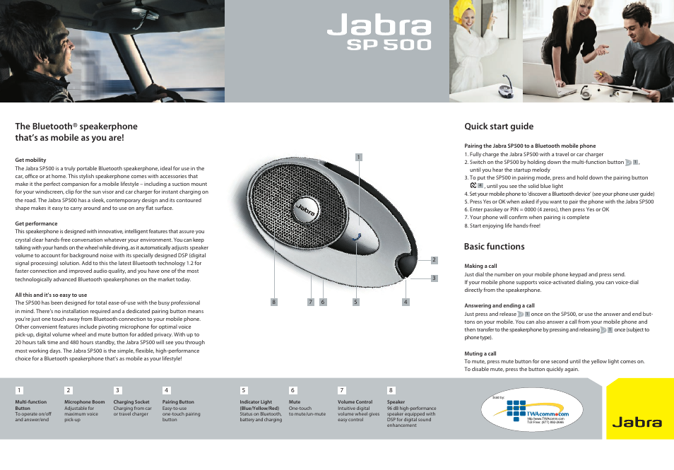 Quick start guide, Basic functions | Jabra SP500 User Manual | Page 2 / 2