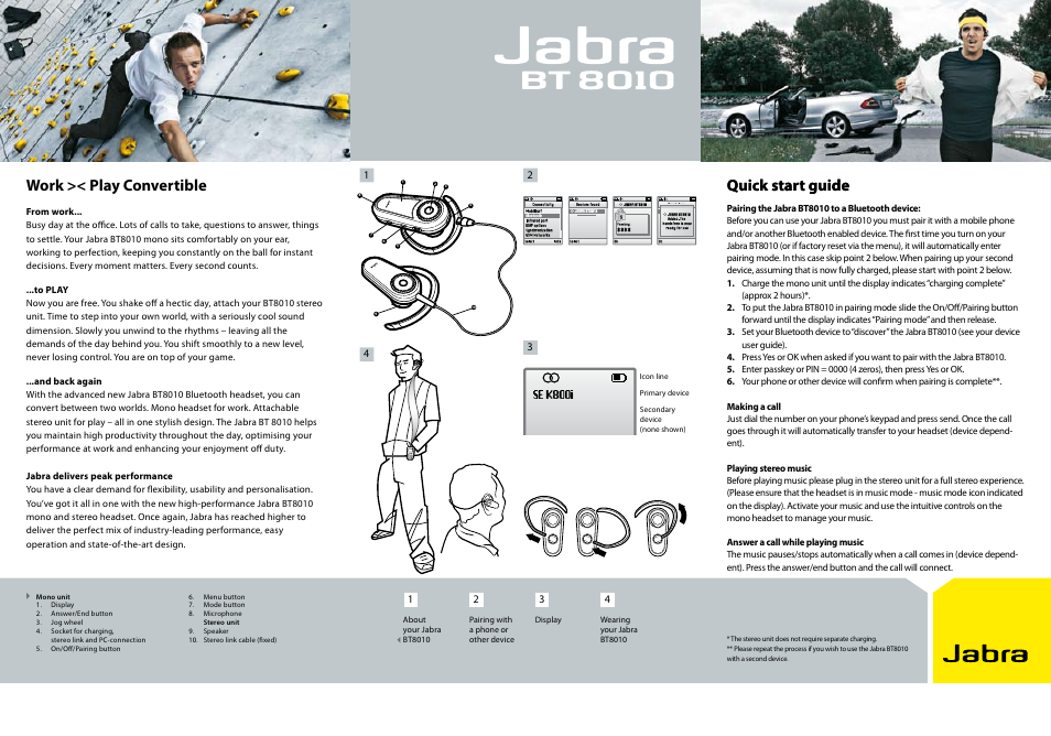 Quick start guide, Work >< play convertible | Jabra BT8010 User Manual | Page 2 / 2