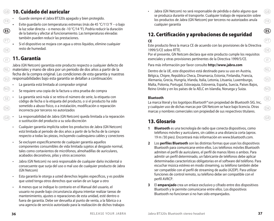 Certificación y aprobaciones de seguridad, Glosario, Cuidado del auricular | Garantía | Jabra BT320s User Manual | Page 21 / 76