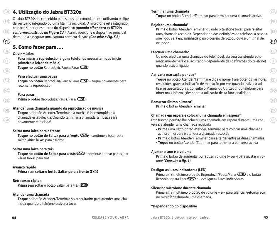 Utilização do jabra bt320s, Como fazer para | Jabra BT320s User Manual | Page 25 / 76