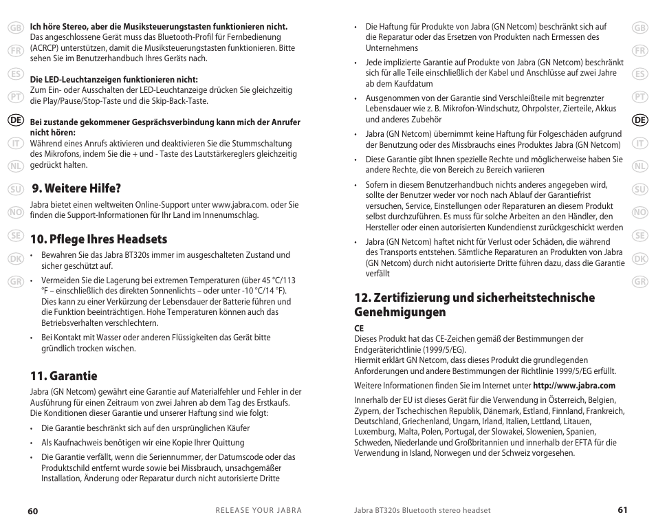 Weitere hilfe, Pflege ihres headsets, Garantie | Jabra BT320s User Manual | Page 33 / 76