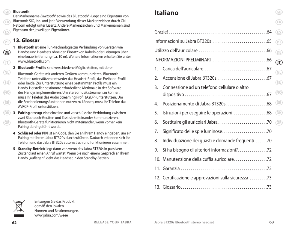 Italiano, Glossar | Jabra BT320s User Manual | Page 34 / 76