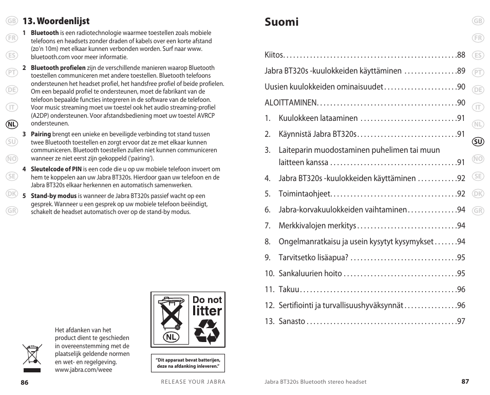 Suomi, Woordenlijst | Jabra BT320s User Manual | Page 46 / 76