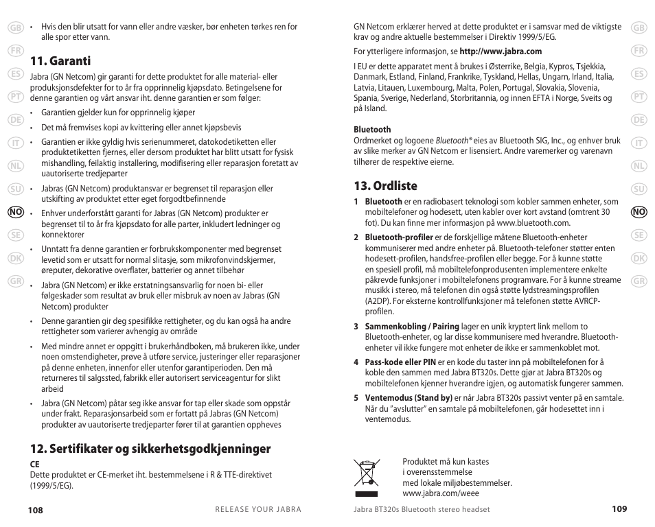 Ordliste, Garanti, Sertifikater og sikkerhetsgodkjenninger | Jabra BT320s User Manual | Page 57 / 76