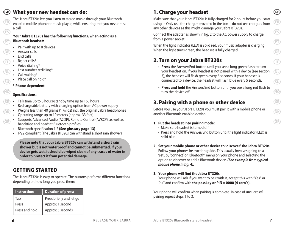 What your new headset can do, Getting started, Charge your headset | Turn on your jabra bt320s, Pairing with a phone or other device | Jabra BT320s User Manual | Page 6 / 76