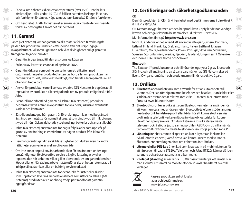 Certifieringar och säkerhetsgodkännanden, Ordlista, Garanti | Jabra BT320s User Manual | Page 63 / 76