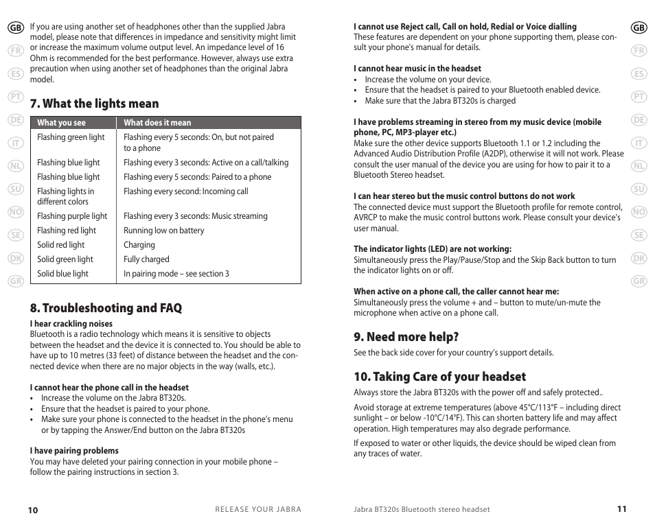 What the lights mean 8. troubleshooting and faq, Need more help, Taking care of your headset | Jabra BT320s User Manual | Page 8 / 76