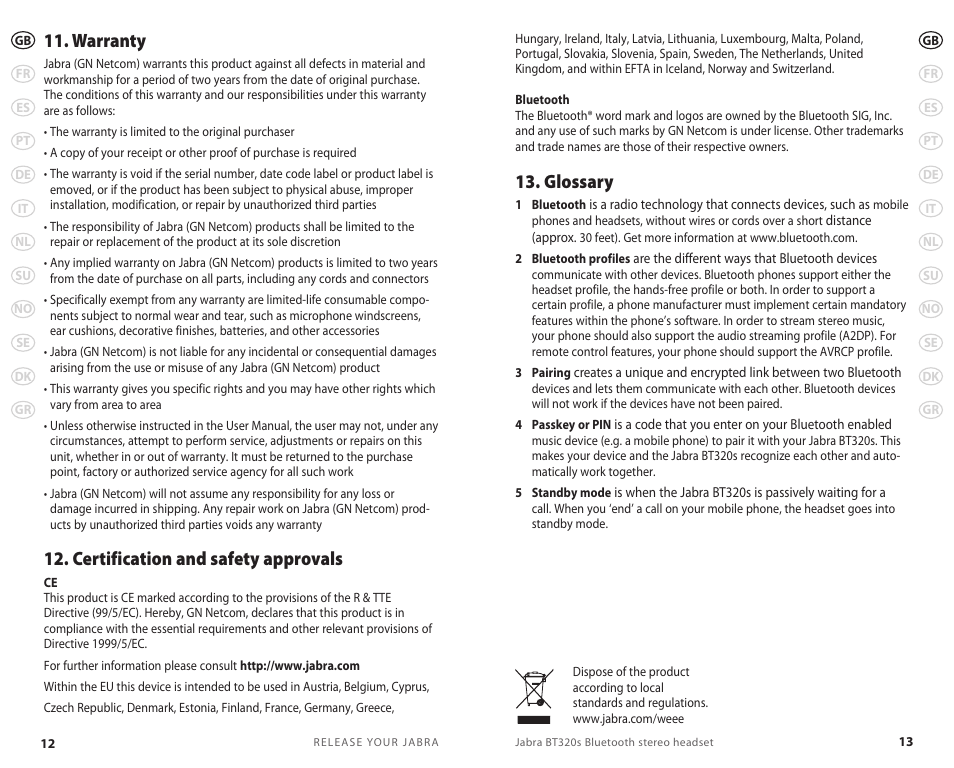 Warranty, Certification and safety approvals, Glossary | Jabra BT320s User Manual | Page 9 / 76