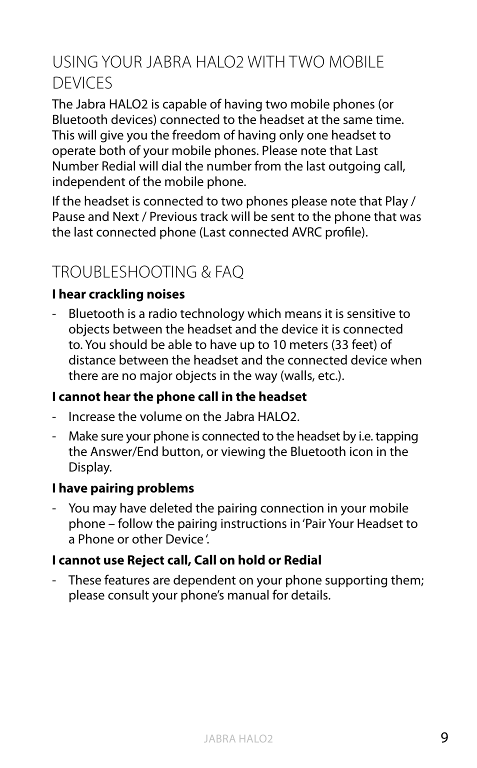 Using your jabra halo2 with two mobile devices, Troubleshooting & faq, En g li sh | Jabra HALO2 User Manual | Page 10 / 13