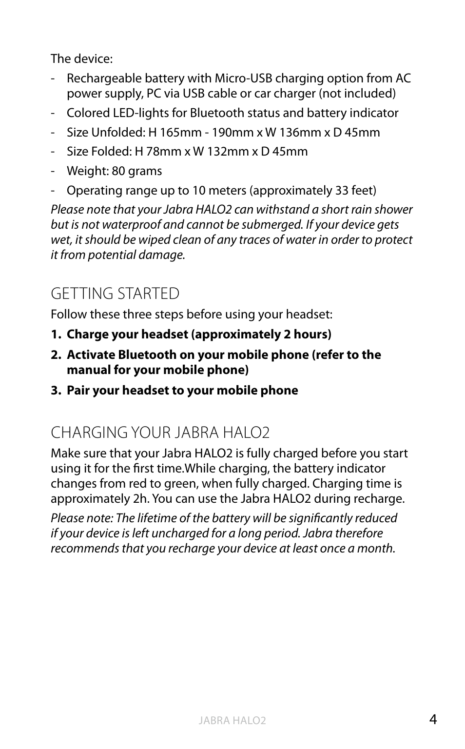 Getting started, Charging your jabra halo2, En g li sh | Jabra HALO2 User Manual | Page 5 / 13