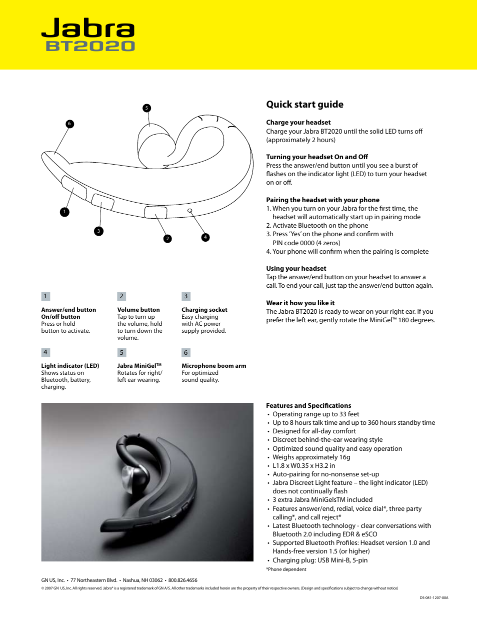 Jabra, Bt2020, Quick start guide | Jabra BT2020 User Manual | Page 2 / 2