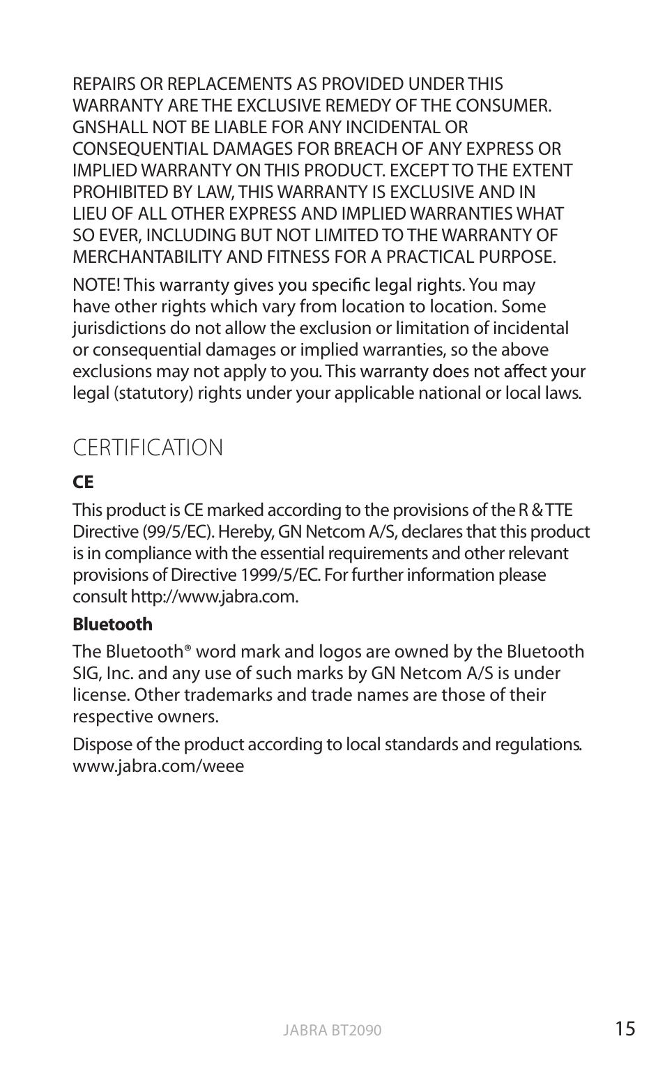 Certification, En g li sh | Jabra BT2090 User Manual | Page 16 / 18