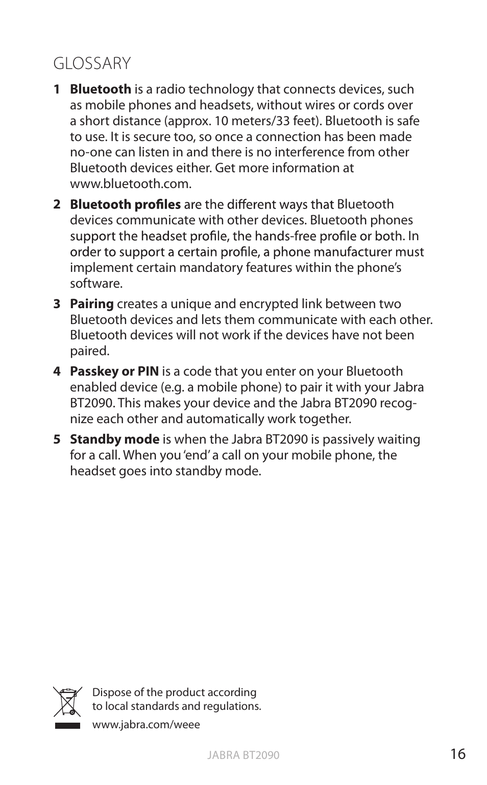 Glossary, En g li sh | Jabra BT2090 User Manual | Page 17 / 18