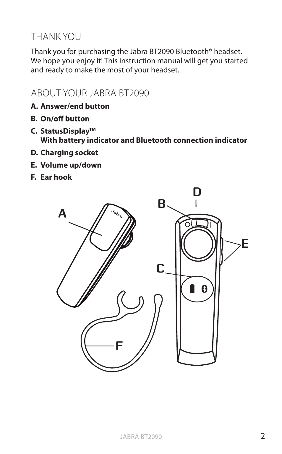 Thank you, About your jabra bt2090, En g li sh | Jabra BT2090 User Manual | Page 3 / 18